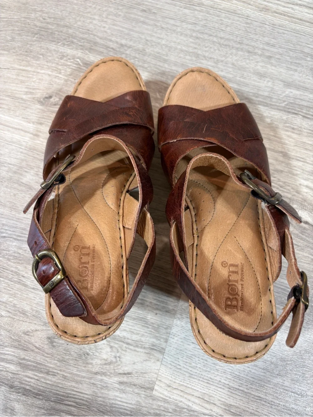 Born Shoes Womens Size 8 Brown Leather Ankle Buckle Straps Wedges Open Toe